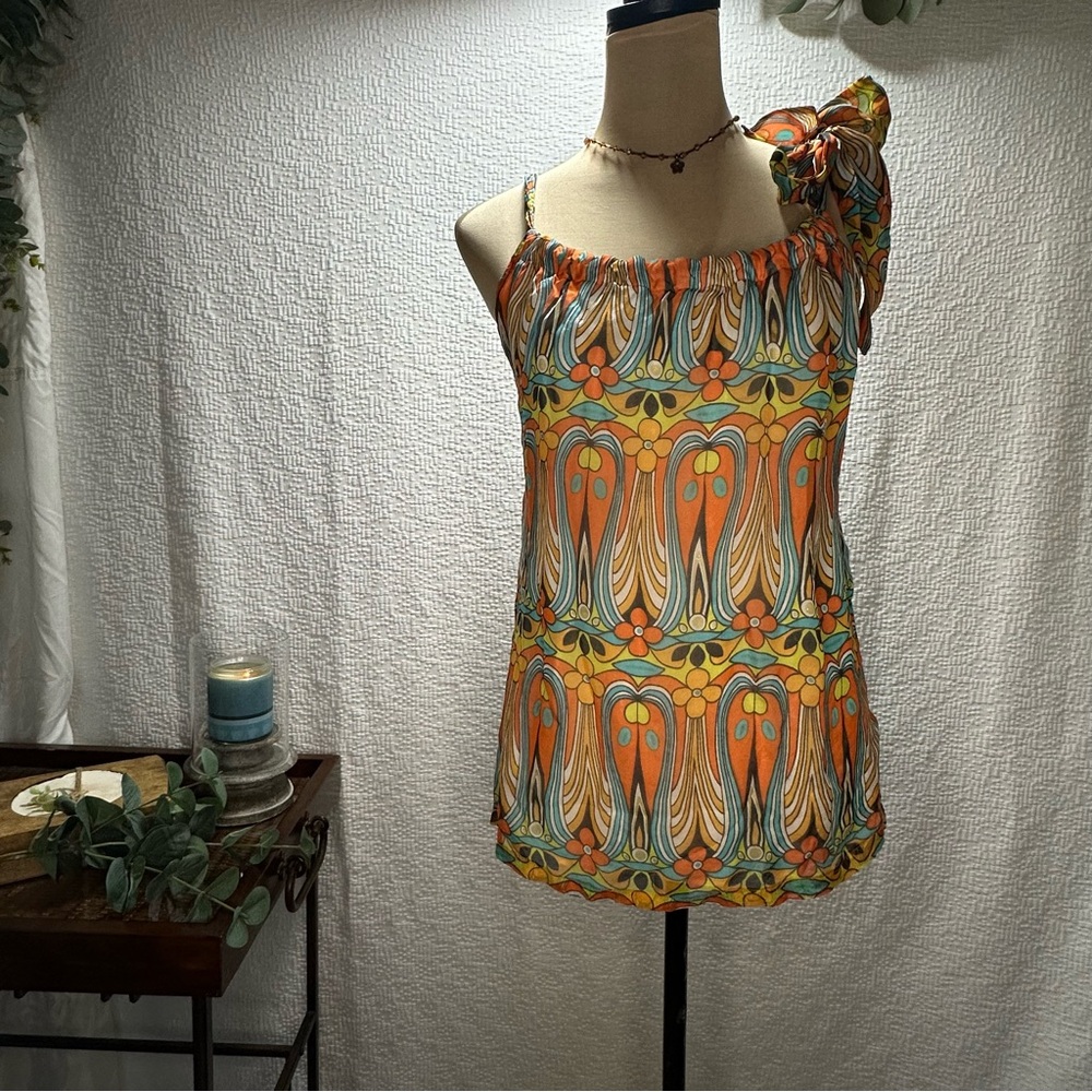 Jade by Melody Tam Boho Print Tie Neck Halter Sleeveless Blouse, Size Small